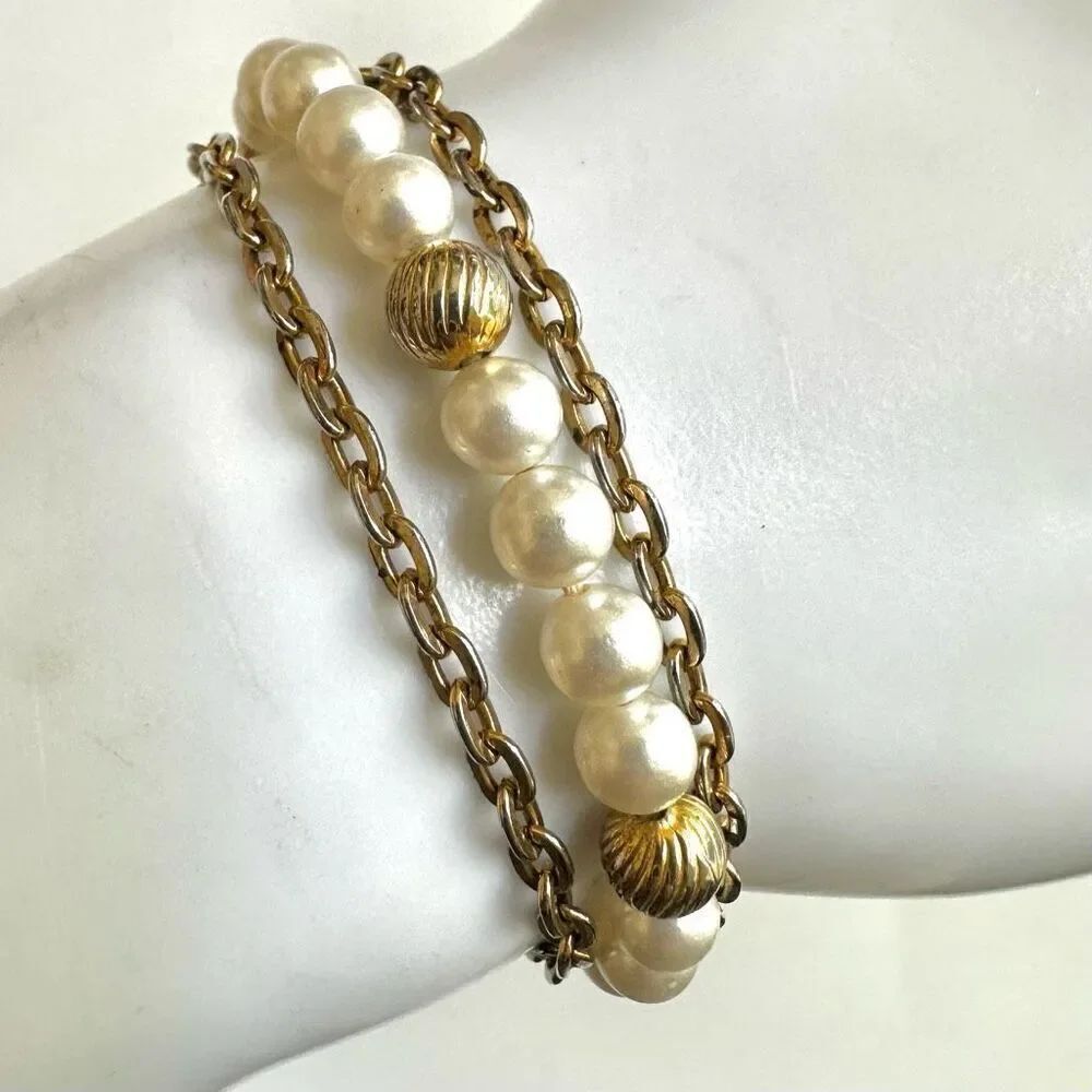 Faux pearl gold tone multi strand vintage bracelet